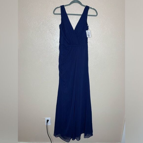 Davids Bridal faux wrap pleated chiffon maxi v neck dress marine navy - Picture 2 of 14
